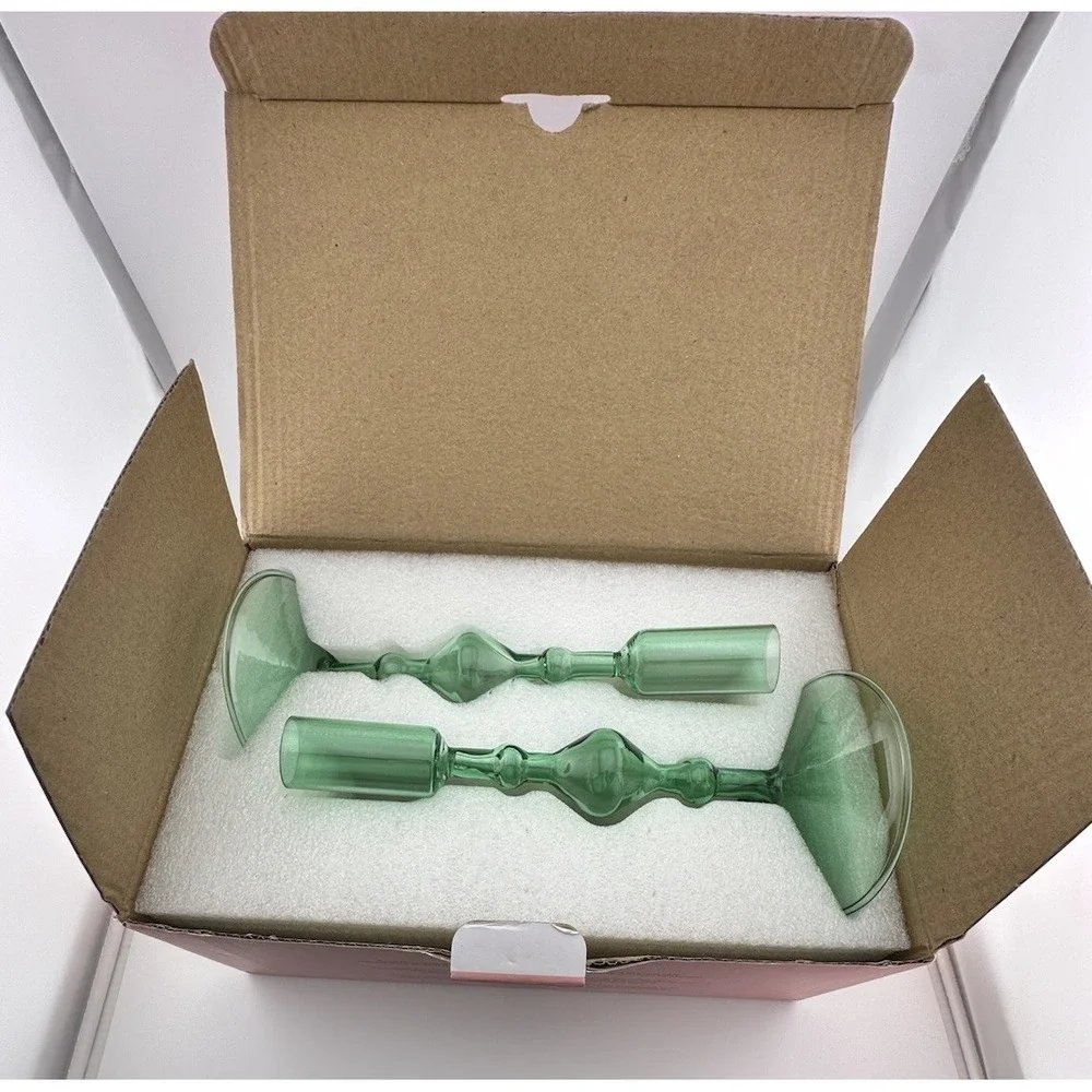 POKETO Green Handmade Glass Taper Candlestick Holder Set Of 2 NOS Open Box‎